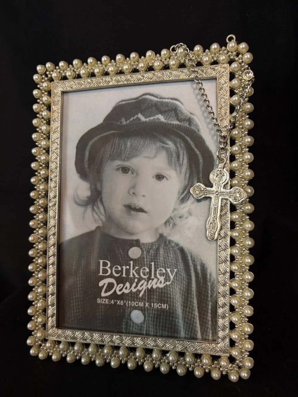 Vintage JBW Berkeley Designs 4x6 Pearl Picture Frame with Attached Silver Cross